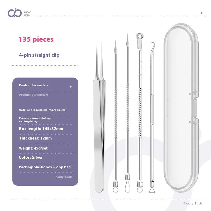 Four-piece stainless steel acne needle set with ultra-fine pointed tips and extraction clip on silver background