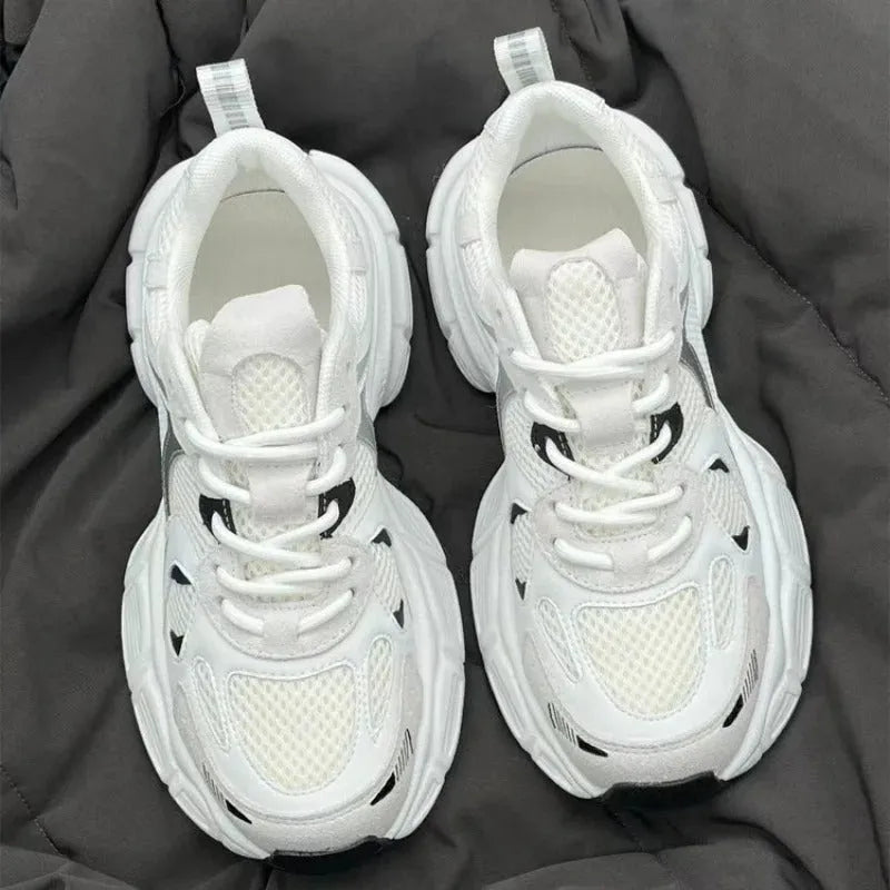 Beige mesh platform sports shoes with wedge heel and front lace-up closure on rubber sole