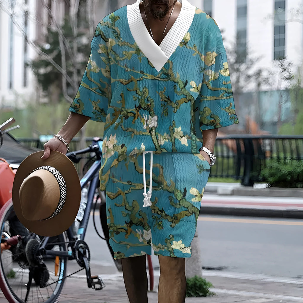 Men's peacock blue 3D printed knitted shorts and T-shirt casual suit set for leisure wear