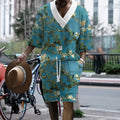 Men's peacock blue 3D printed knitted shorts and T-shirt casual suit set for leisure wear