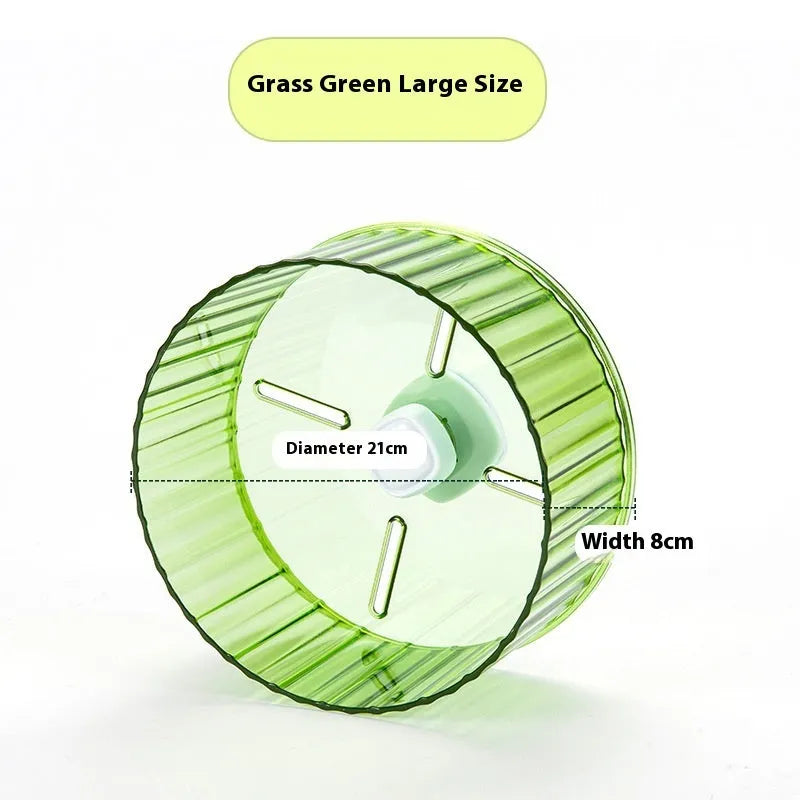 A plastic parrot exercise running wheel toy shown in transparent, green, grey, orange, or purple, available in 17cm and 21cm sizes.