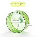 A plastic parrot exercise running wheel toy shown in transparent, green, grey, orange, or purple, available in 17cm and 21cm sizes.