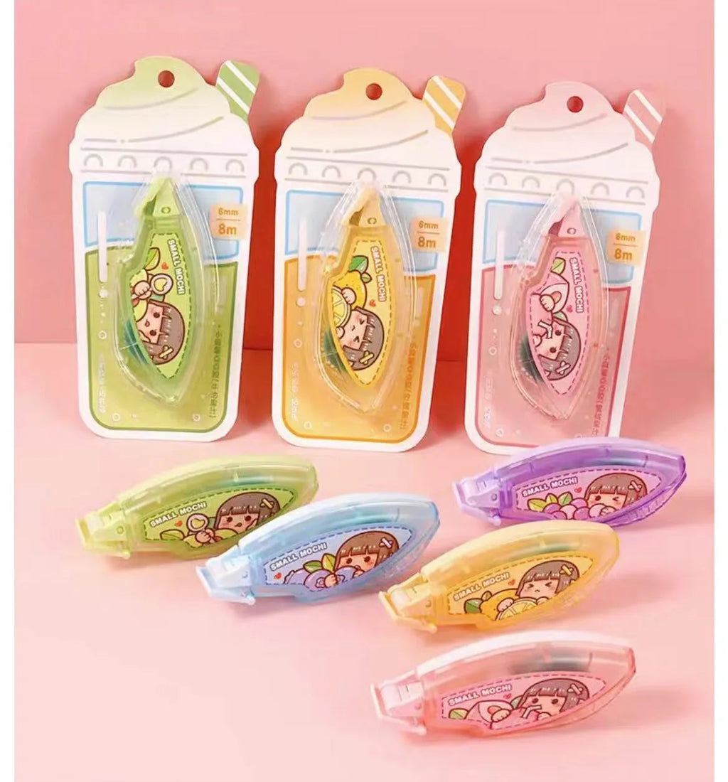 Hand account dotting glue in card packaging showing fruit juice colour variants.
