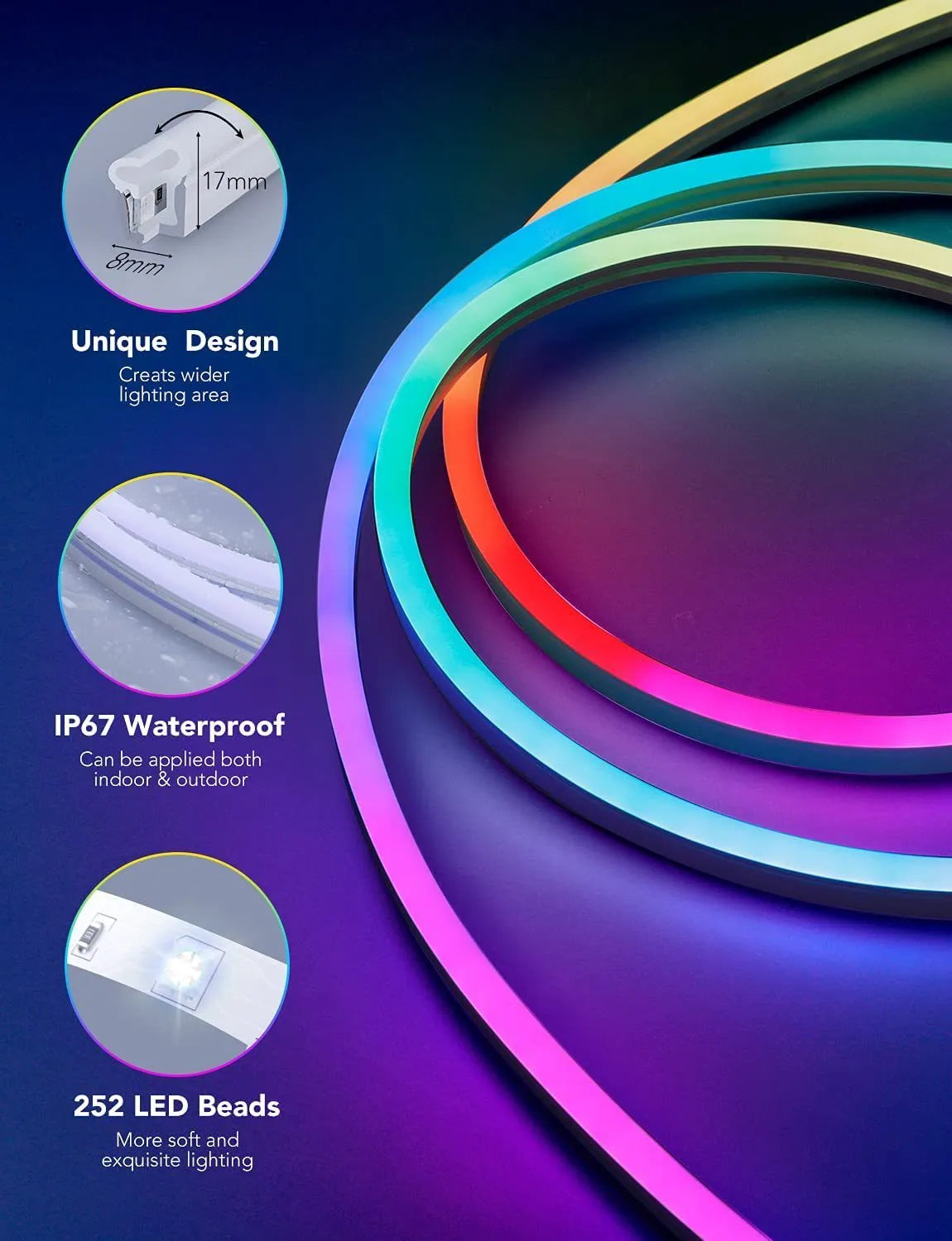 24V RGBIC music neon light strip with Bluetooth and WiFi, 3 metre 252 LED option, multicolour display