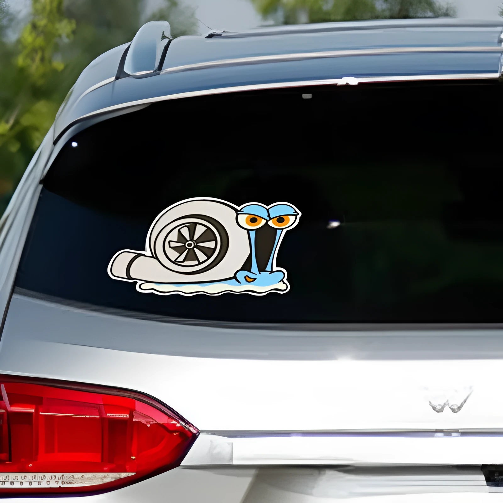 Reflective cartoon snail car bumper sticker, 12cm by 8cm.