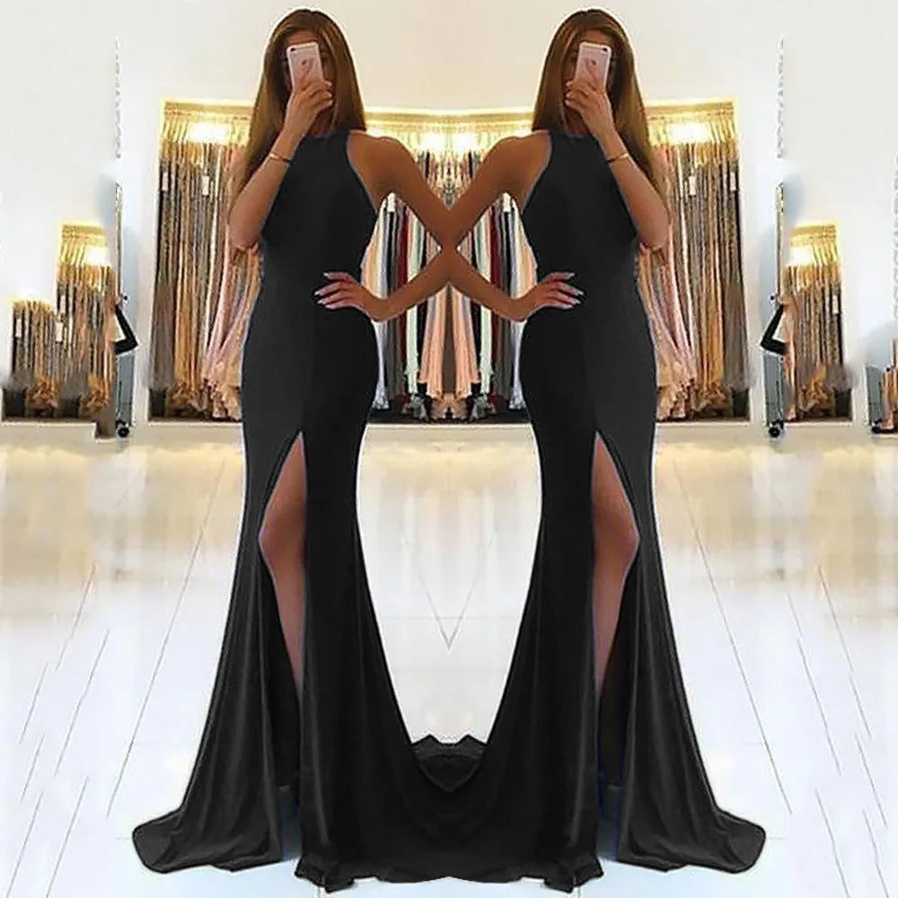 Long red knitted evening dress with high waist, swing skirt and hollow detailing