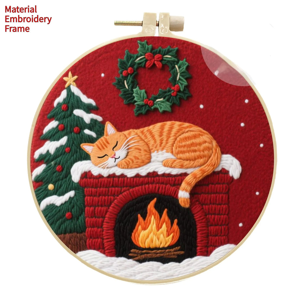 Cat embroidery DIY material package with autumn fruit designs on cotton linen fabric