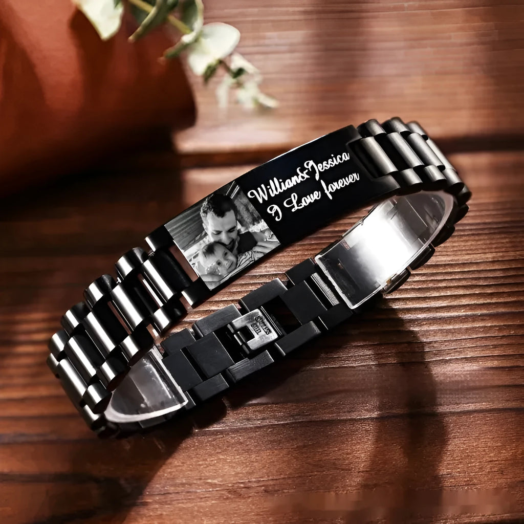 Men's curved stainless steel lettering bracelet with engraved text and titanium construction