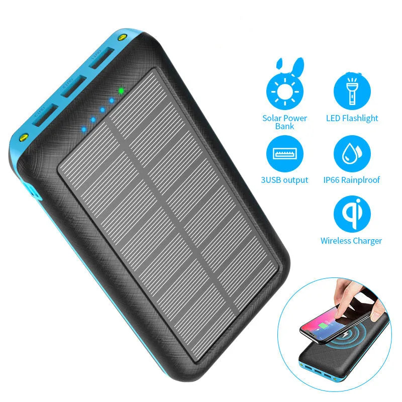 Portable solar power bank with Qi wireless charging and LED flashlight in black
