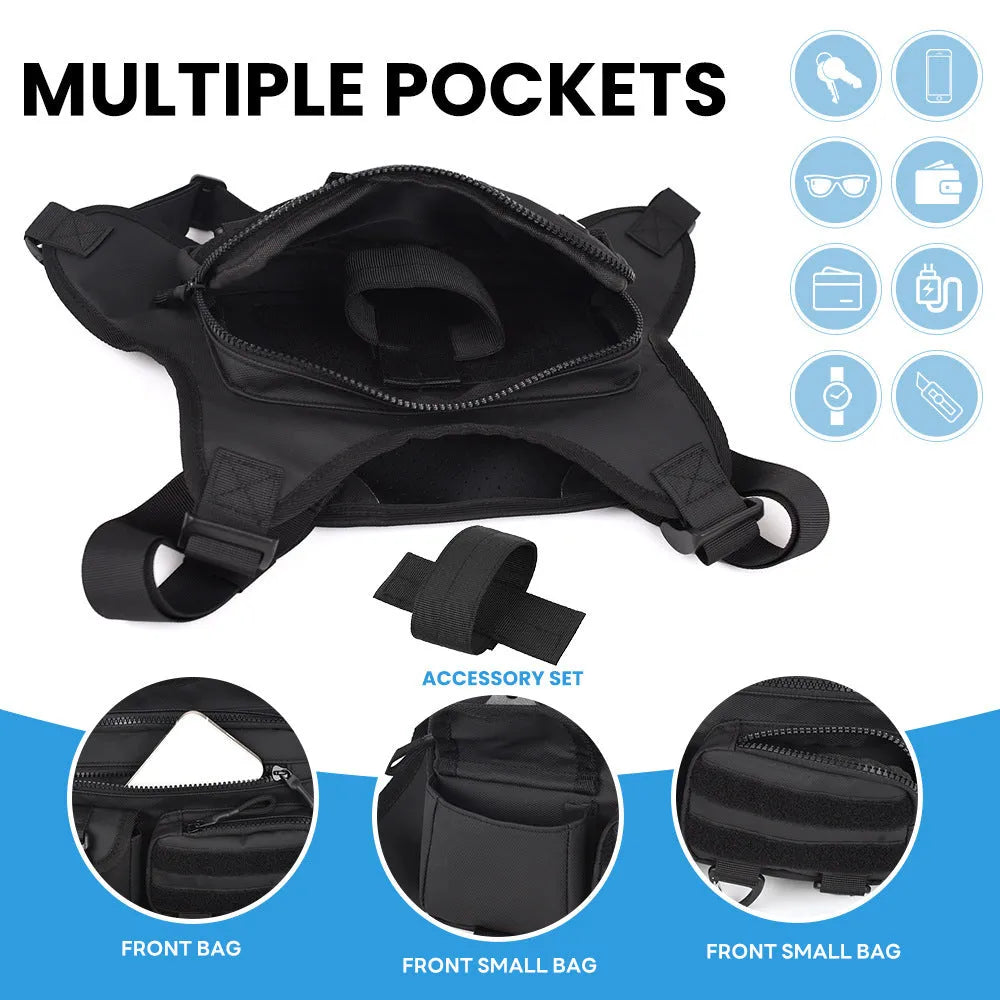 Outdoor sports chest bag in Oxford cloth with sewing line detail, available in black, blue, and gray for men
