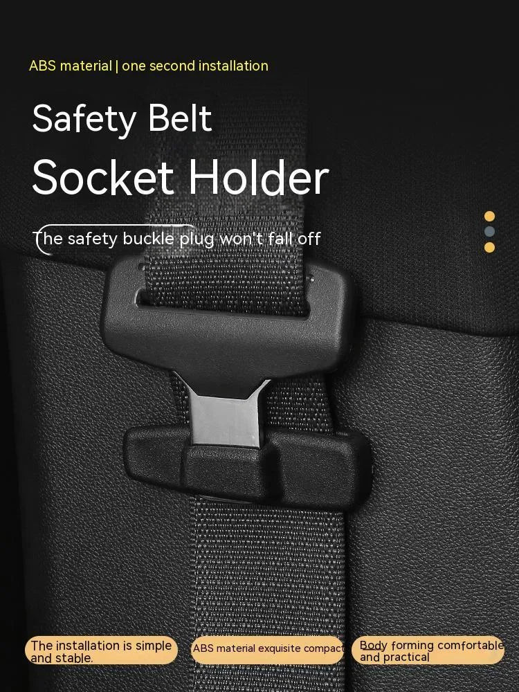 Two black ABS car safety belt stopper universal clips for seat belt adjustment, supplied in OPP bag
