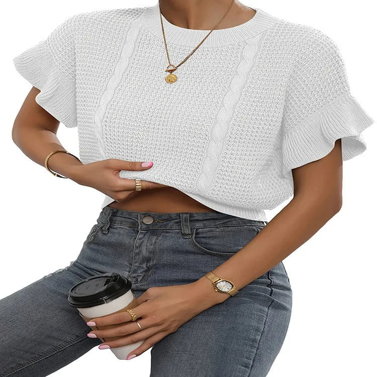 Women's loose knitted pullover with ruffled short sleeves in dark brown.