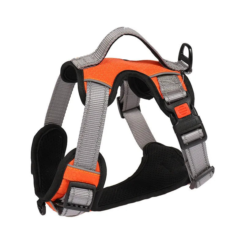 Polyester dog hand holding rope vest chest strap in orange with back panel and handle