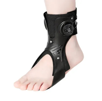 Black and grey adjustable ankle support brace with airbag button, shown in left and right specific fittings.