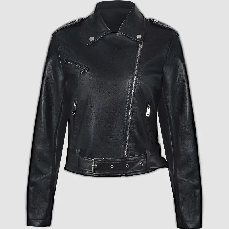 Women's black PU leather motorcycle jacket with lapel collar and waist belt on hanger.