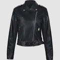 Women's black PU leather motorcycle jacket with lapel collar and waist belt on hanger.