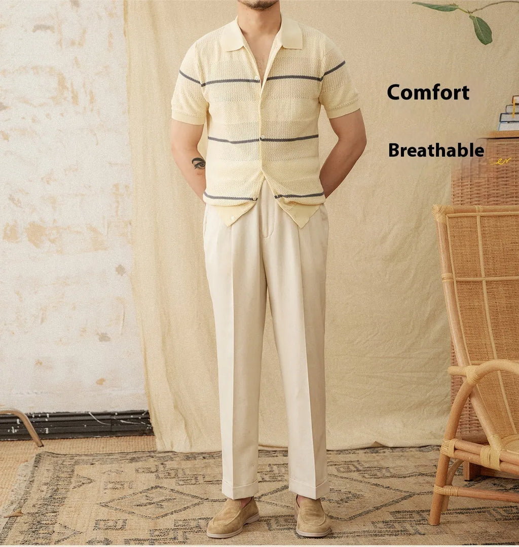 Cotton linen short sleeve knitted cardigan in camel with open front and lapel collar on a male model