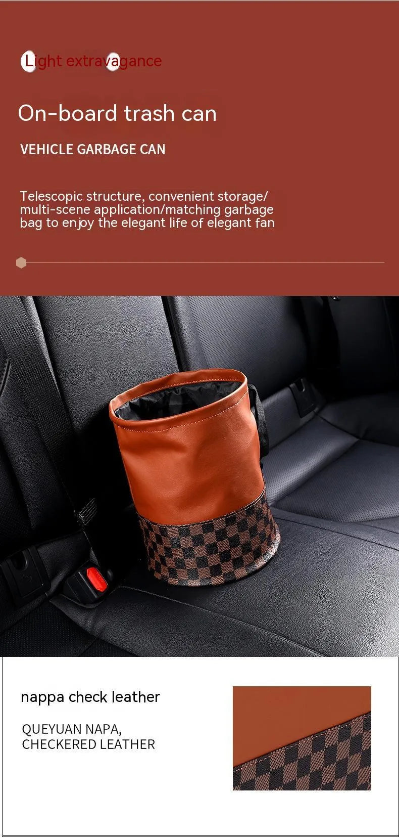 Leather retractable car trash can shown folded and unfolded, with waterproof construction and carrying handle