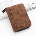 Men's retro short wallet clutch in soft polyurethane leather with letter motif, square vertical shape, available in black and brown colours.