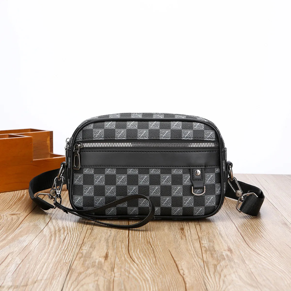 Men's casual shoulder messenger bag in black PU with geometric pattern, large capacity, and top handle