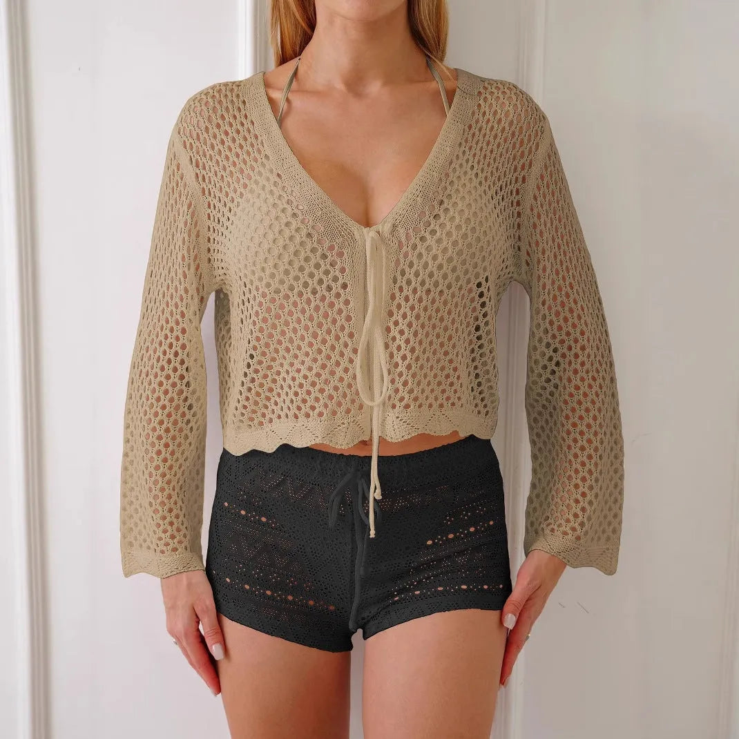 Women's apricot hollow woven cardigan blouse with bell sleeves and short length