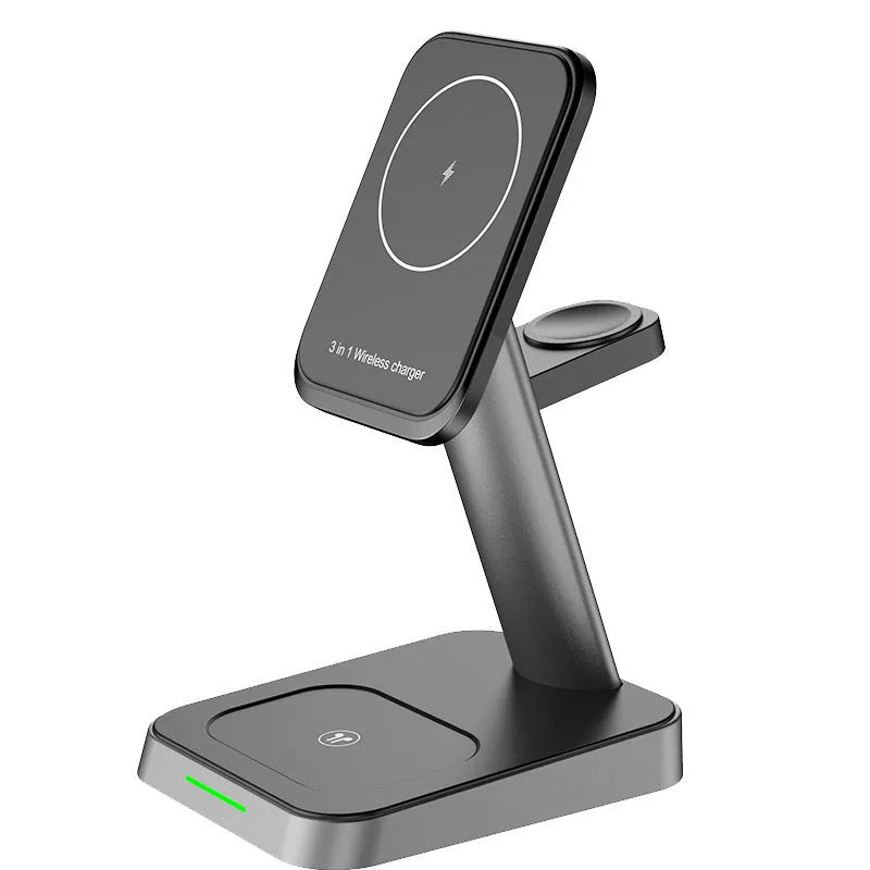 Black cube-shaped wireless charging station with 10000mAh battery charging a phone, smartwatch and earbuds