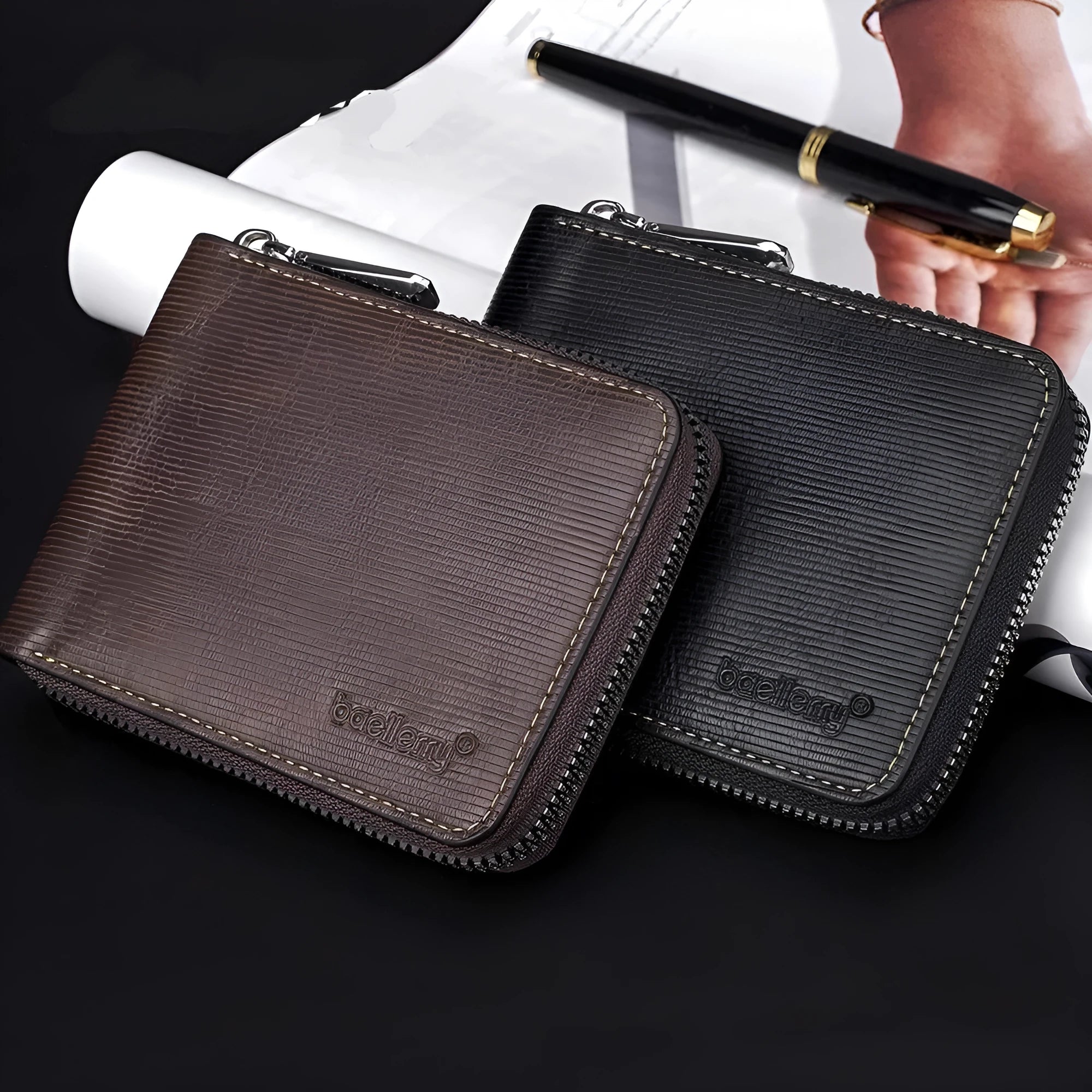 PU anti-theft credit card zipper wallet in embossed solid colour urban simplicity style, black