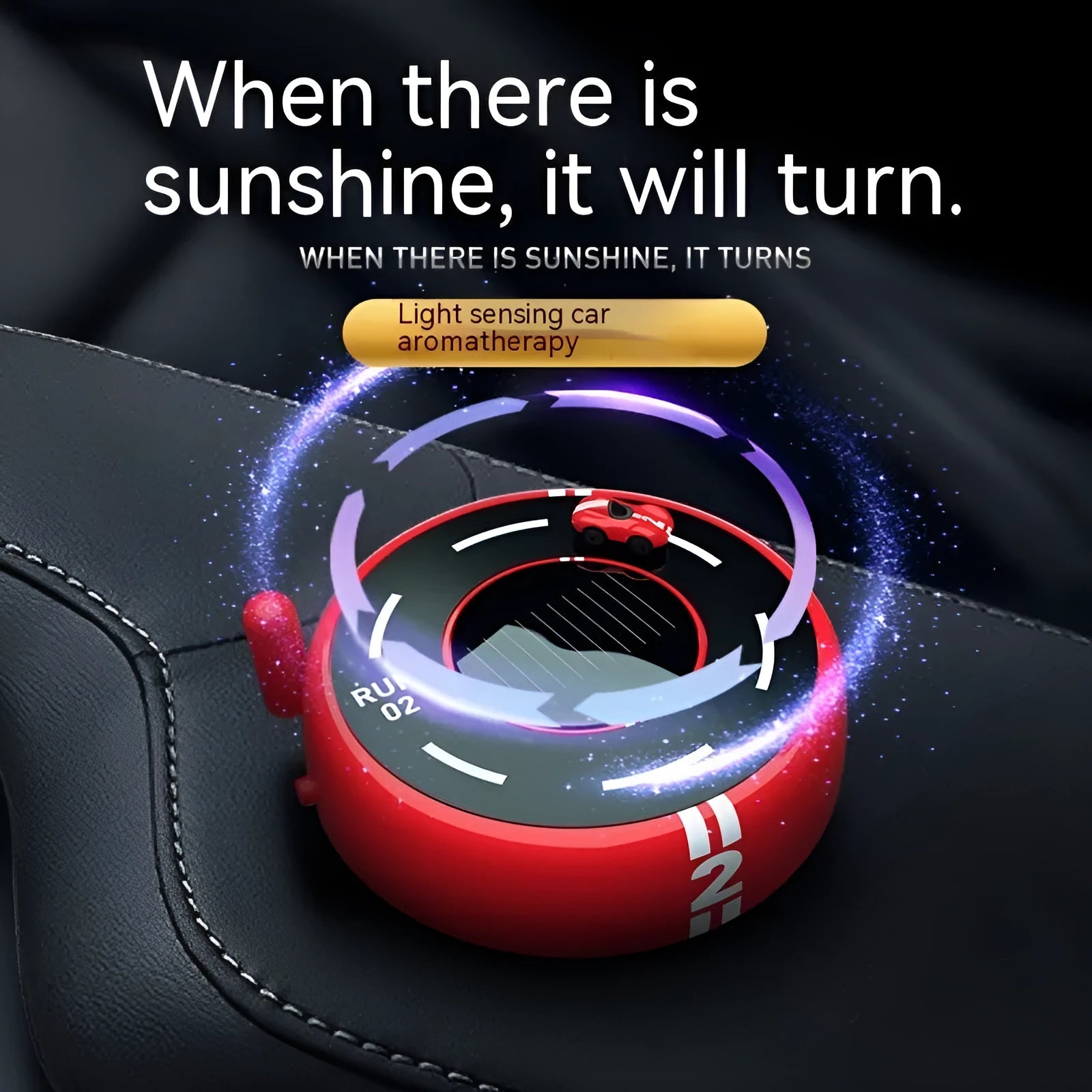 Solar-powered round car-shaped fragrance diffuser with light sensor in black plastic design