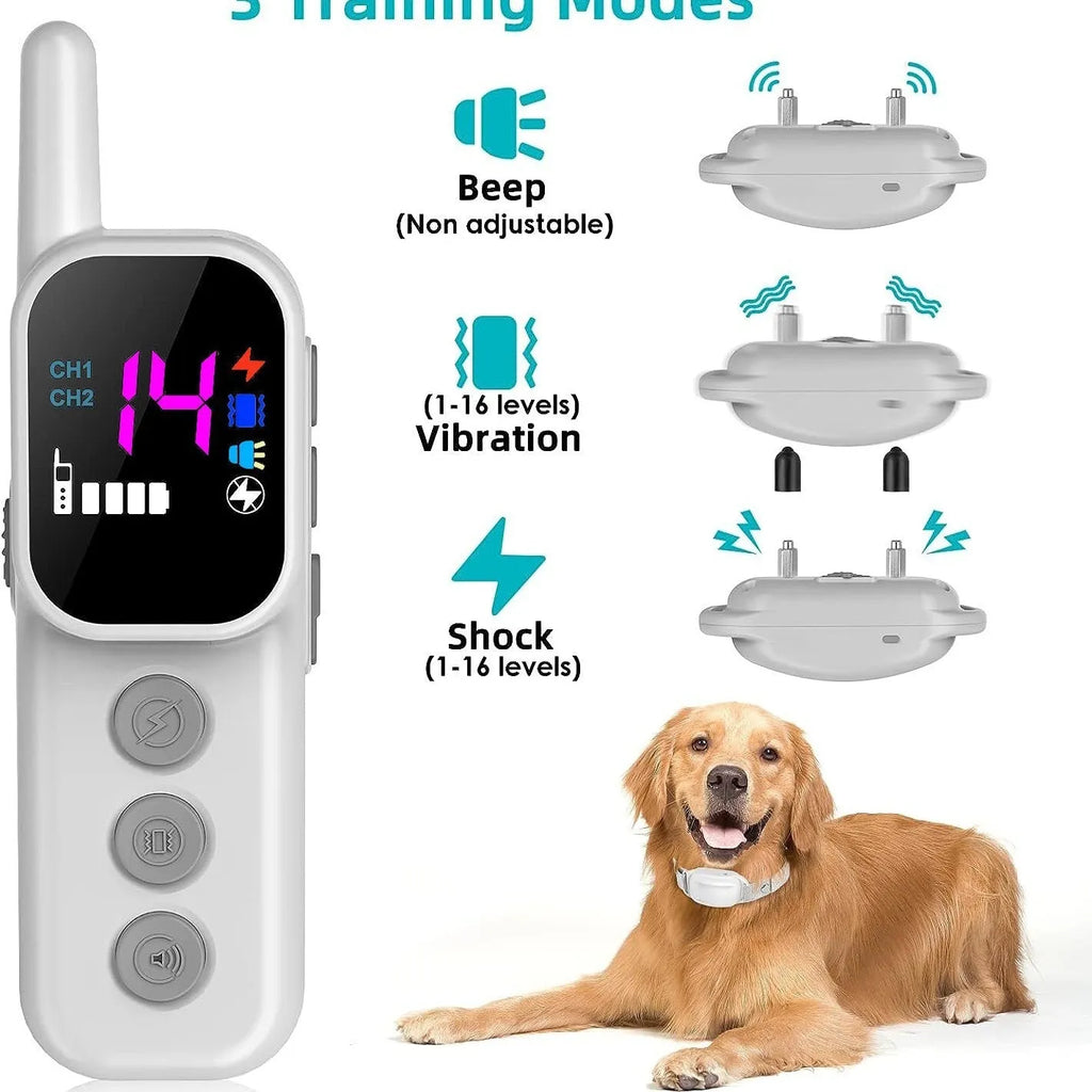 Remote control dog training bark-stop trainer with colour screen in black and white ABS plastic housing