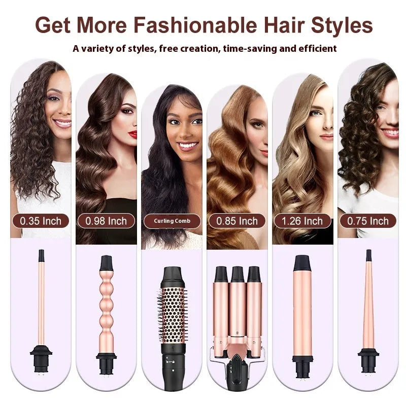 All-in-one three-tube water wave hair curler set with multiple interchangeable tubes on a white background