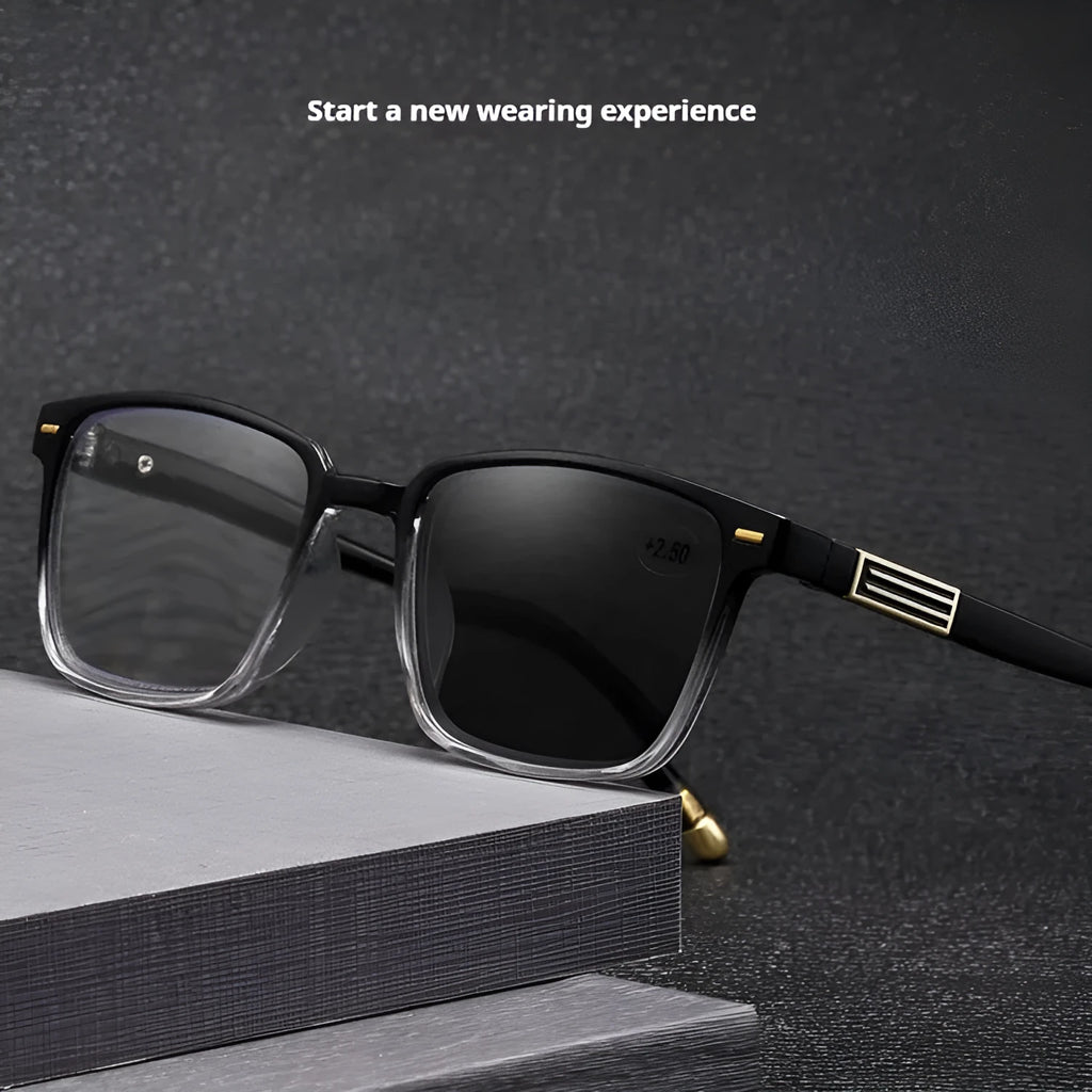 Anti blue light multifocal reading glasses with photochromic lenses in various frame colours