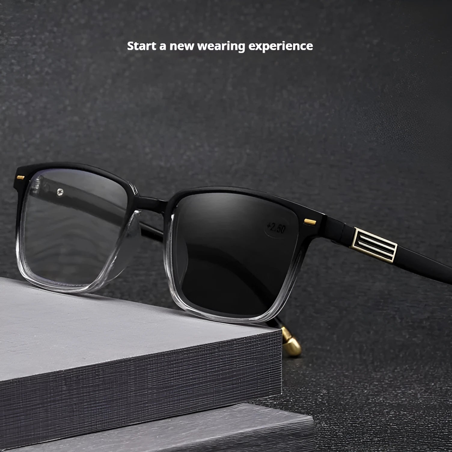 Anti blue light multifocal reading glasses with photochromic lenses in various frame colours