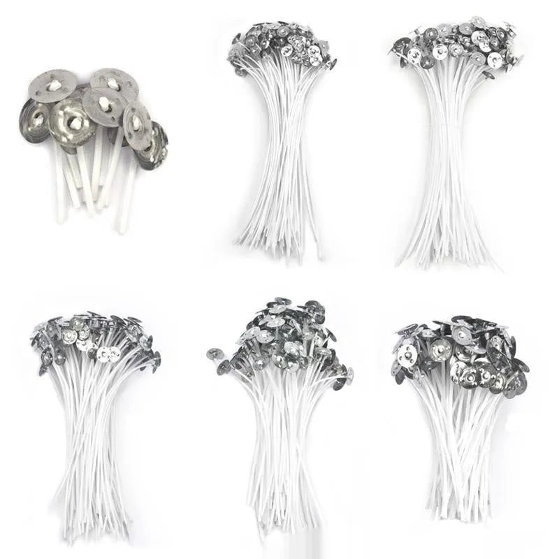 White cotton candle wicks in three lengths: 2.6cm, 6cm, and 8cm for DIY candle making