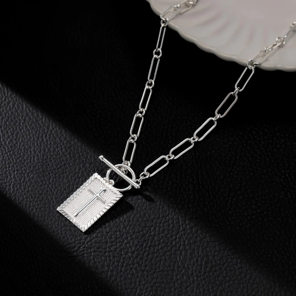 Gold clip cross square pendant necklace on clip chain stainless steel electroplated finish