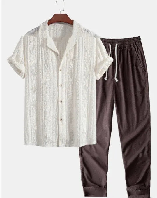 Men's loose fit short sleeve shirt and trousers suit in milk silk fabric for summer leisure wear