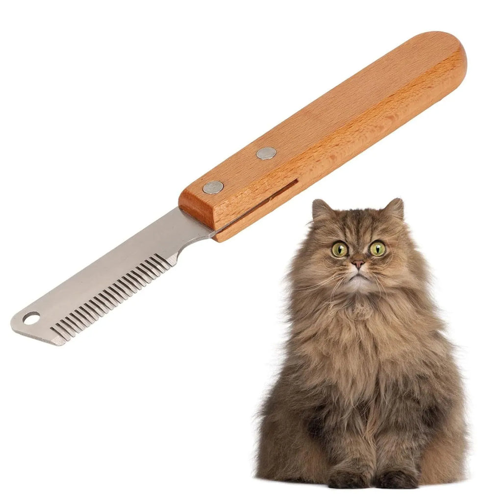 Dog stripping knife with wood handle for grooming long-haired pets in two size options