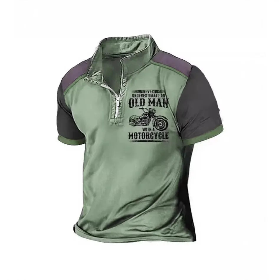 Men's grey casual polo shirt with lapel detail, zipper decoration, and digital letter printing on the front.