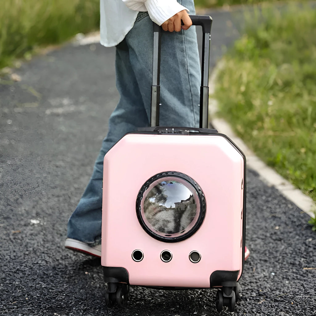 Hard PVC pet flight trolley case in a choice of colours with wheels and a handle.