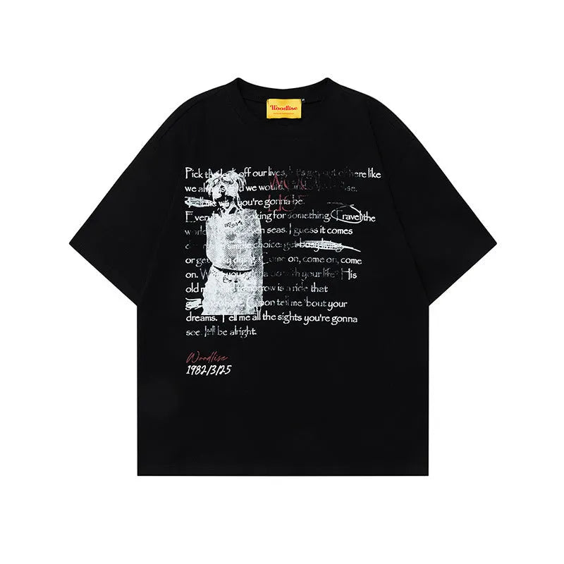 Men's black cotton t-shirt with white letter print and raglan sleeves in loose retro style