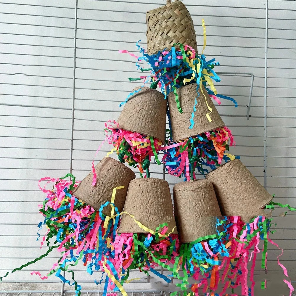 Parrot paper cup palm weaving gnawing toy hanging with natural wood colour