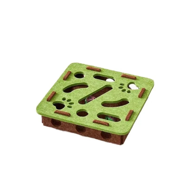 Felt box cat toy with multiple holes for paws, measuring 30x30x7.5 cm in green brown colour.