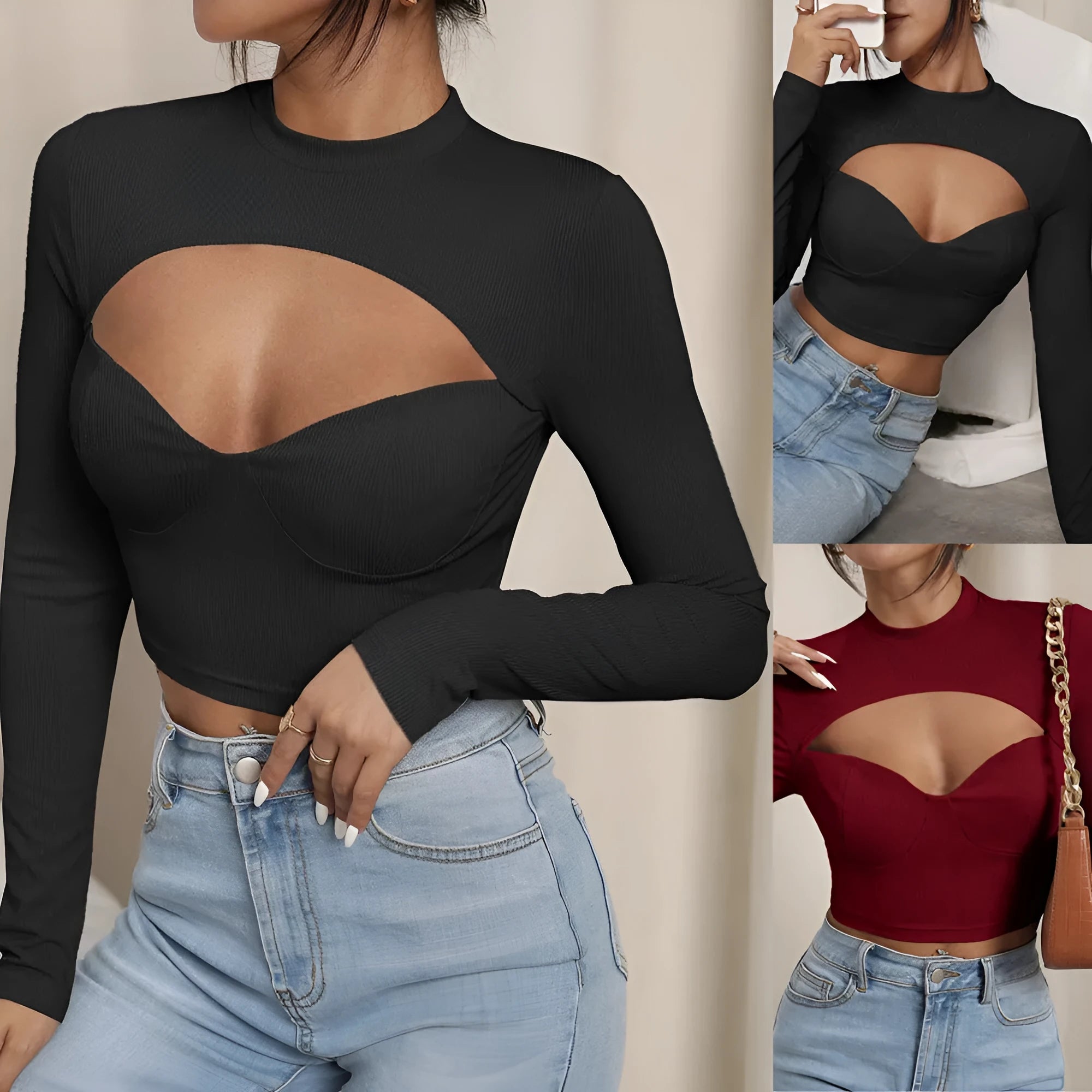 Women's slim-fit hollow-out top in black with high neck, long sleeves, and ribbed texture