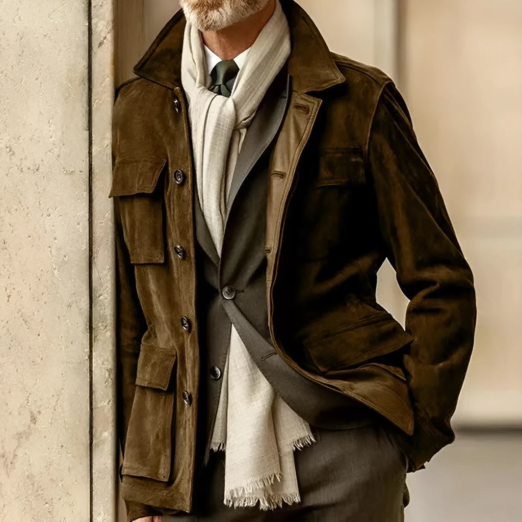 Men's cowhide casual trench coat with multiple pockets in solid colour, polyester blend fabric