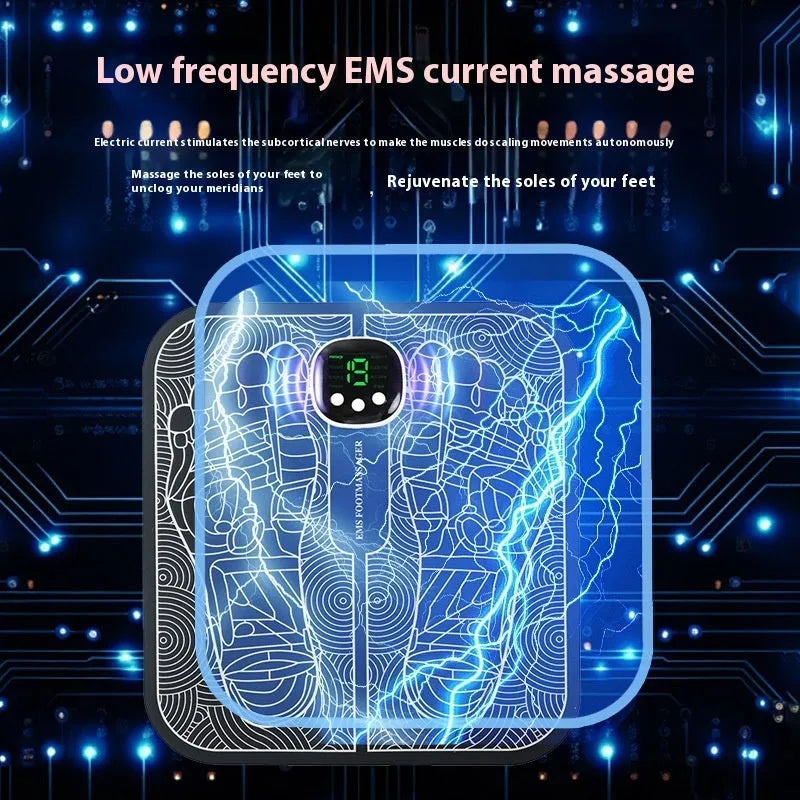 A rechargeable reflexology foot massager mat with remote control and USB charging cable.