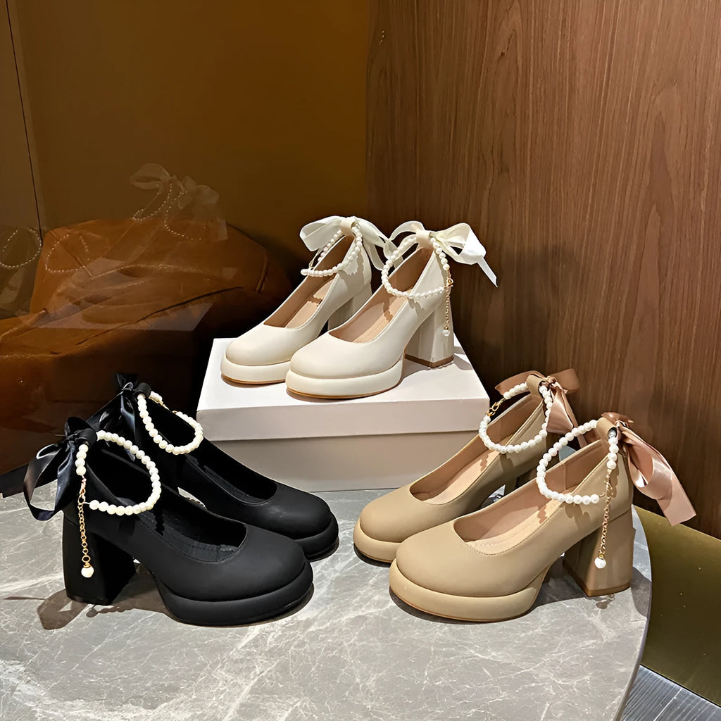 Women's Mary Jane shoes beige chunky heel pearl decoration round toe ankle strap