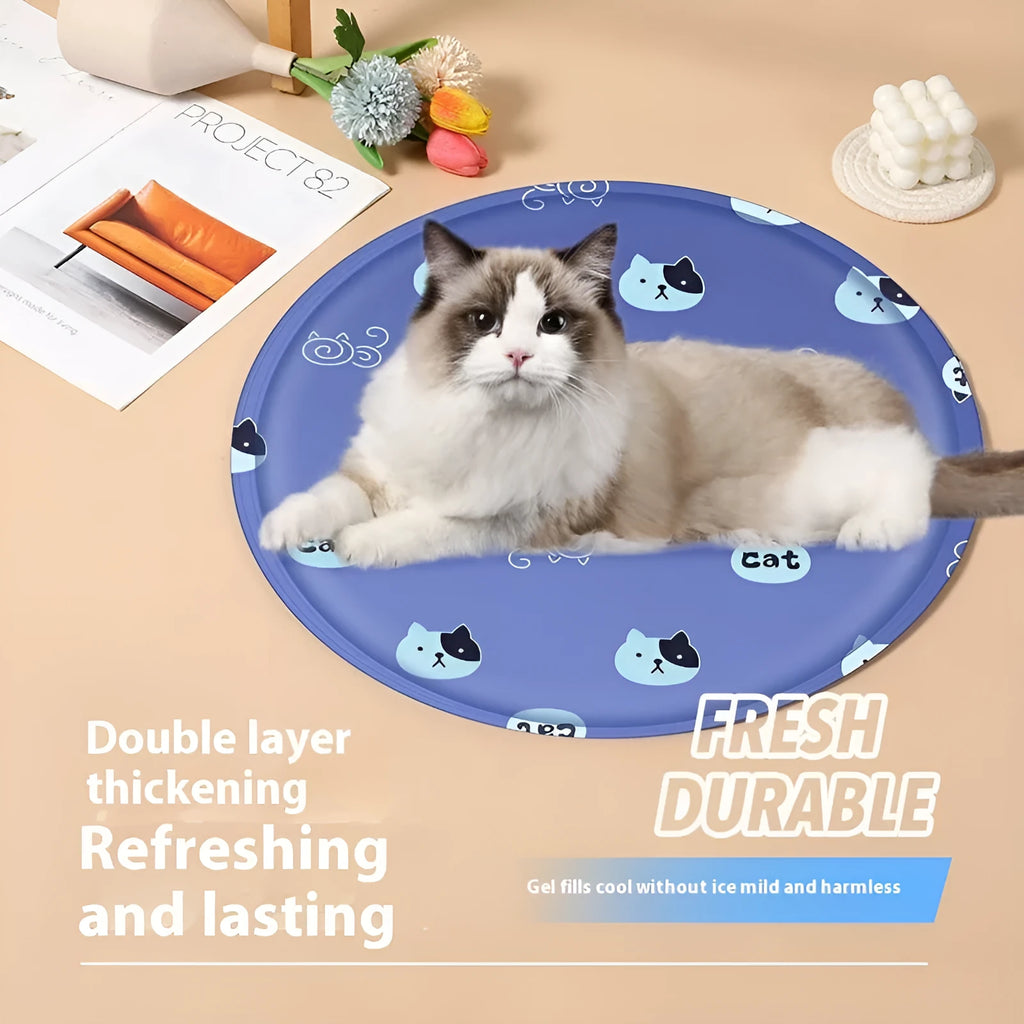 Round pet cooling mat with cartoon pattern design for dogs in beige bunny or blue cat options