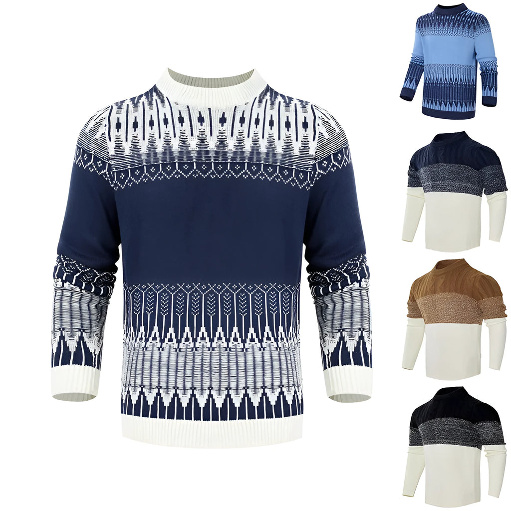 Men's grey knitted long-sleeve pullover sweater for winter, shown on a model.