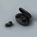 Black Redmi AirDots 2 true wireless earbuds with their compact charging case.