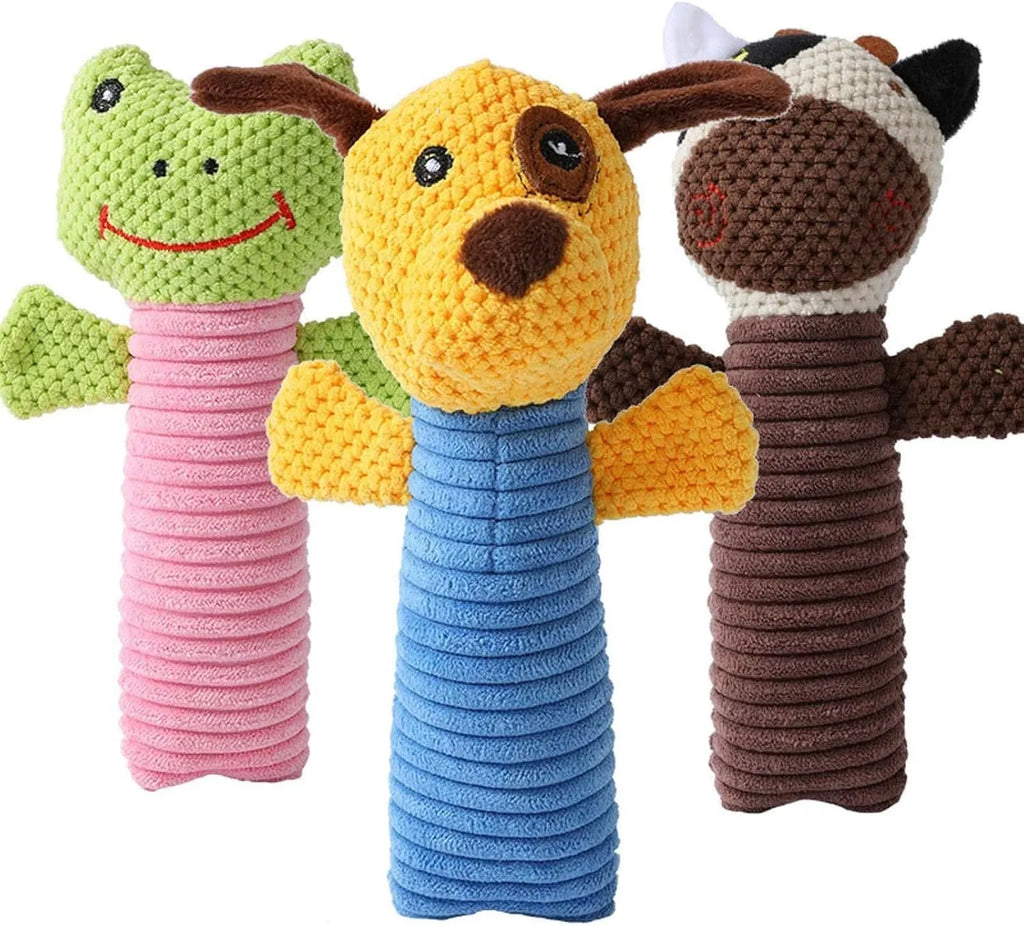 Dog squeaky plush chew toy in animal shape with massaging texture for dental care, 19cm length