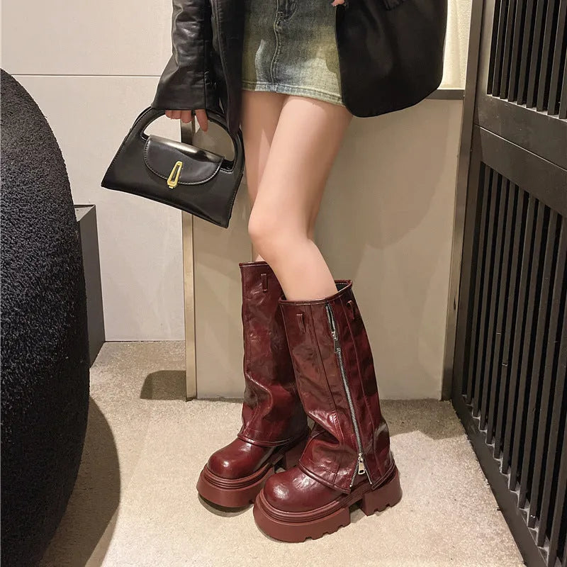 Women's platform muffin pants Martin boots with square heel in black, brown, and wine red options